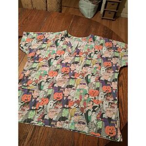 2XL Halloween Short Sleeve Scrub Top Shirt Ghosts Witches Monsters